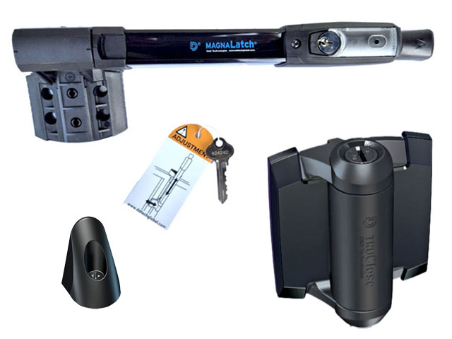 Kit complet serrure de portillon SECURIPOOL MAGNA LATCH avec charnières + clef